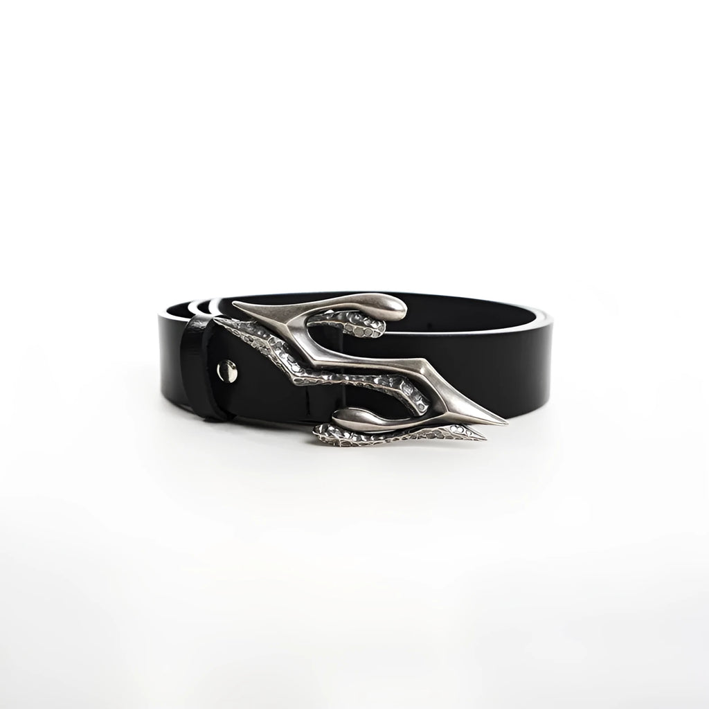Black men's double-layer cowhide leather belt with a metal letter buckle, laid flat.