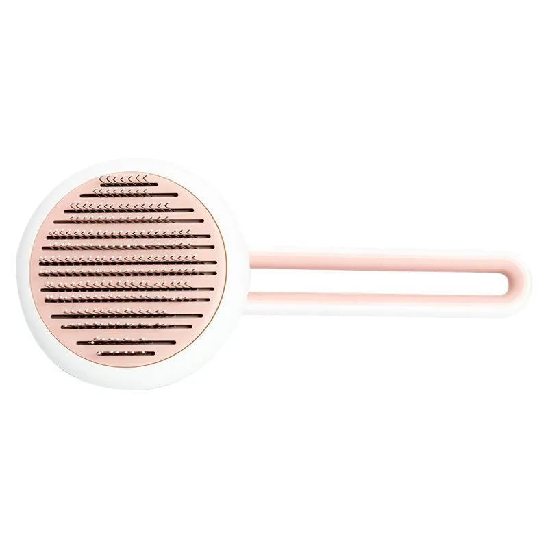 Automatic pet hair remover brush with stainless steel teeth and coloured ABS handle, shown with the hair release button.