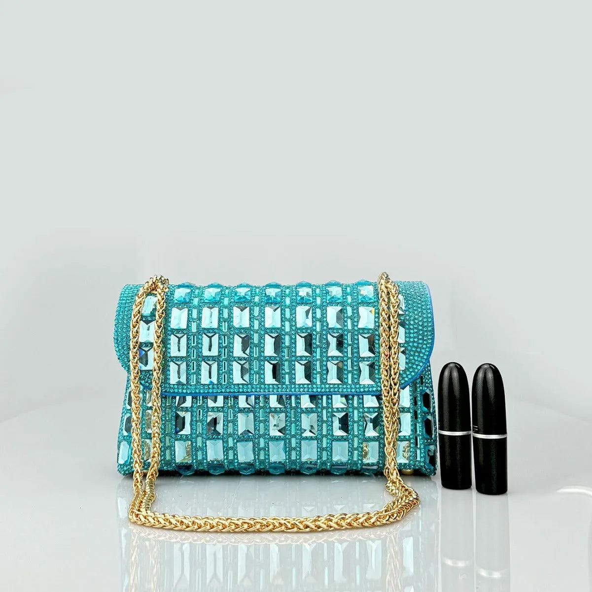Shiny glass rhinestone chain clutch bag in horizontal square shape with open pocket