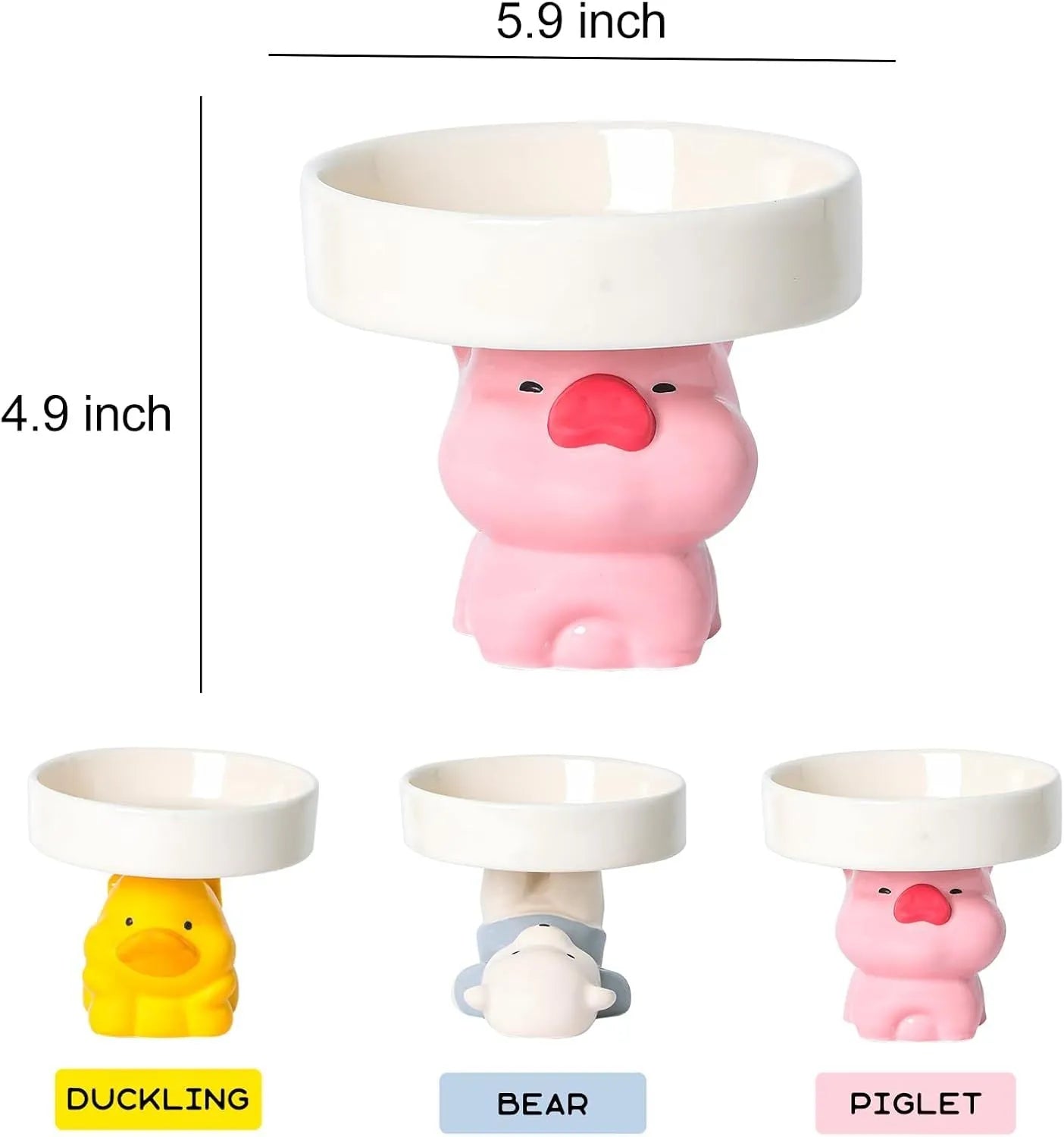 Ceramic raised cat bowl with animal design showing 12.5 cm height and 15 cm width