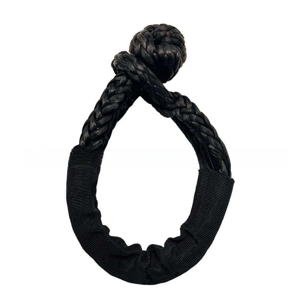 Colourful polymer soft shackle trailer rope for off-road vehicle recovery with 17-tonne load rating.