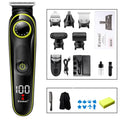 Black KM-696 rechargeable electric hair clipper set with USB cable and cleaning brush.