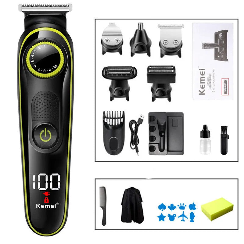 Black KM-696 rechargeable electric hair clipper set with USB cable and cleaning brush.