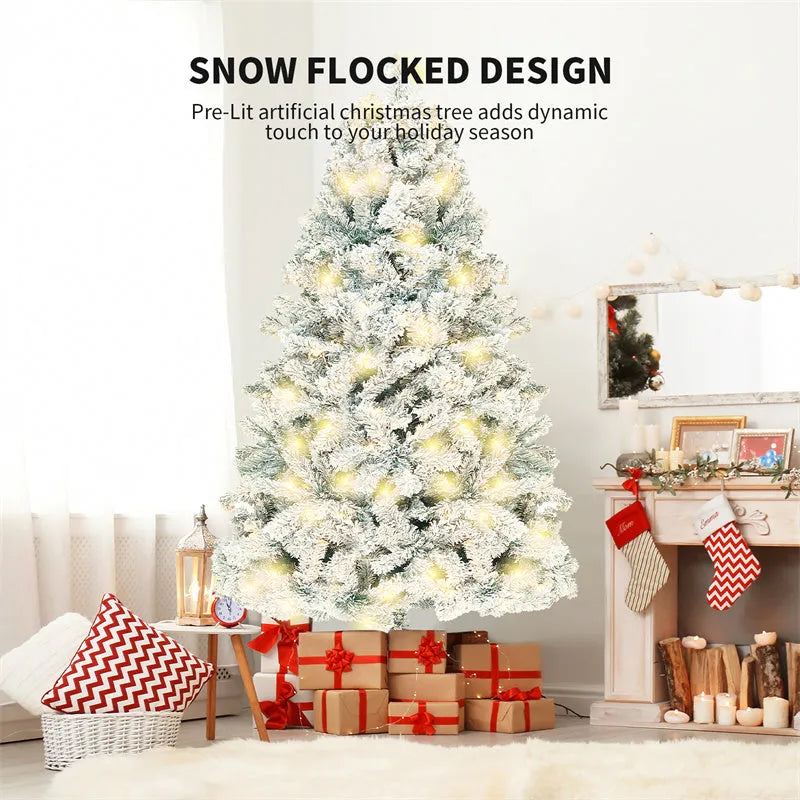 PVC artificial snow-covered Christmas tree on a metal stand, shown in green and white colour.