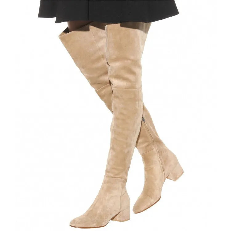 Grey suede women's flat over-the-knee boots with a pointed toe and thick low heel