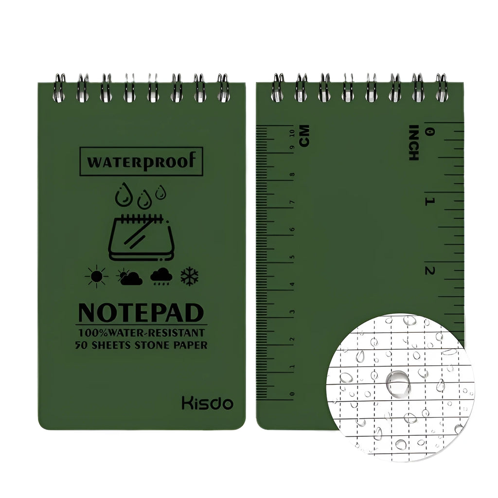 A5 spiral-bound waterproof notepad in camouflage colour, showing PP cover and stone paper pages.