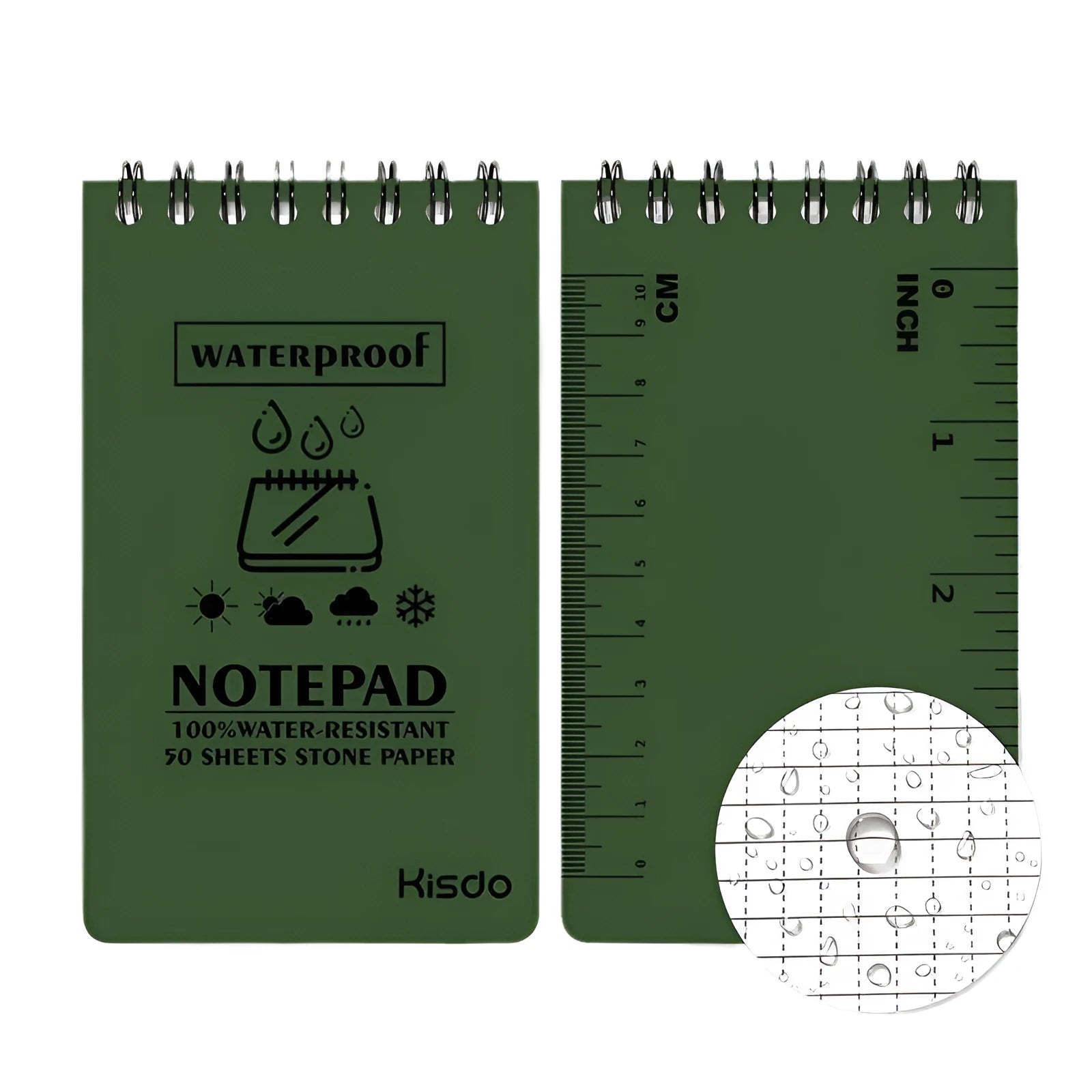 A5 spiral-bound waterproof notepad in camouflage colour, showing PP cover and stone paper pages.