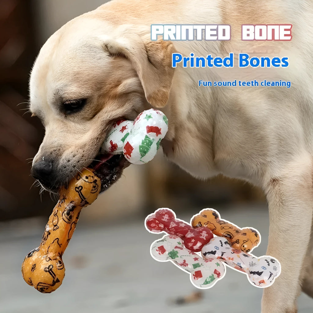 Orange Halloween pumpkin colour TPR bone dog toy with printed details and crinkle squeak sound