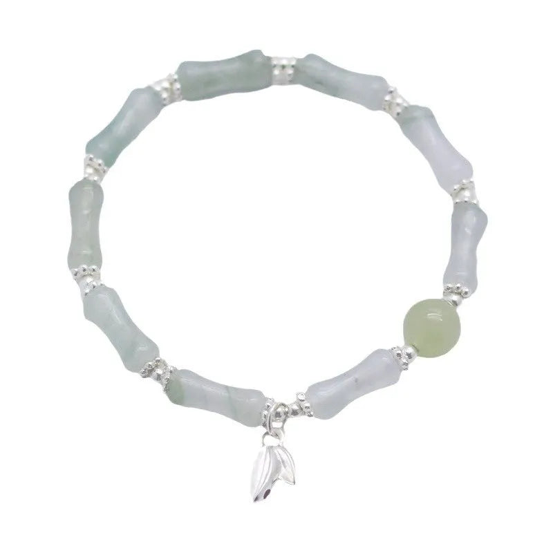 Women's antique silver bracelet with Tianshan green bamboo and bamboo joint design elements