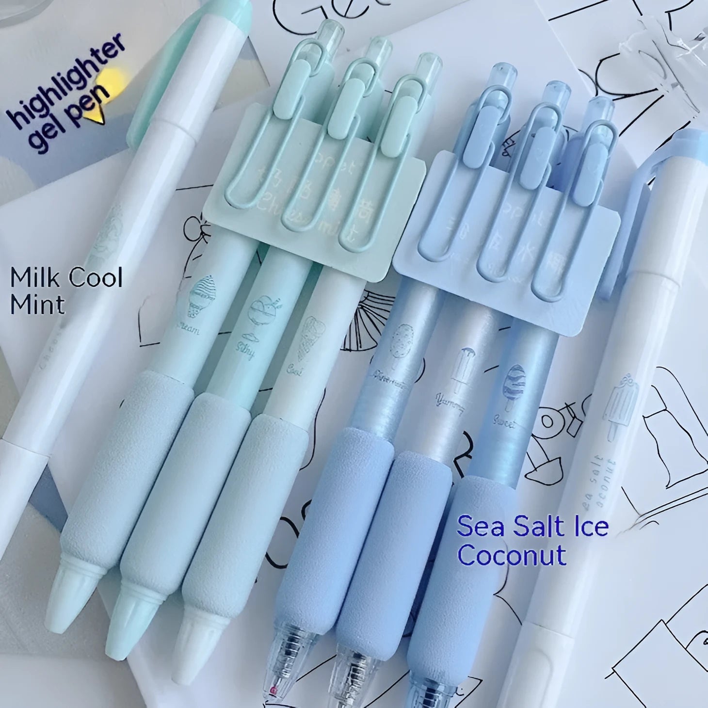 Four double-headed fluorescent calligraphy practice pens with 0.5mm plastic shells in cheese mint and sea salt ice cup colours