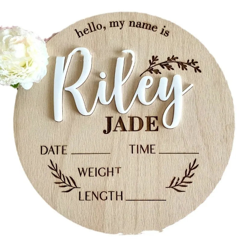 15cm square wooden baby birth announcement plaque with newborn name and information