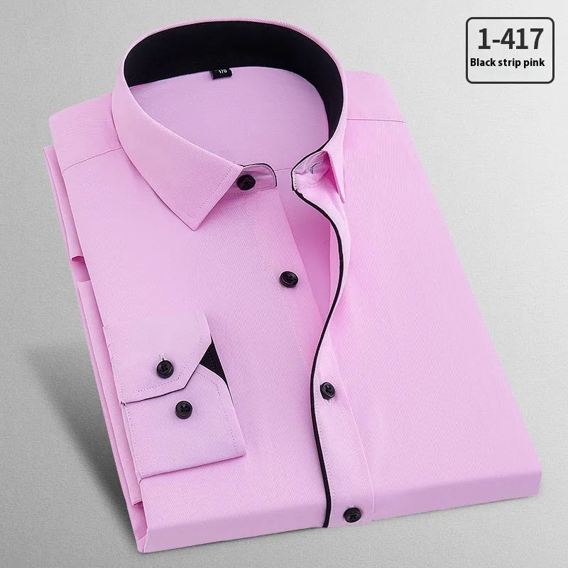 Men's long sleeved flax shirt for business casual wear, shown in pink diagonal and red plain colour options.