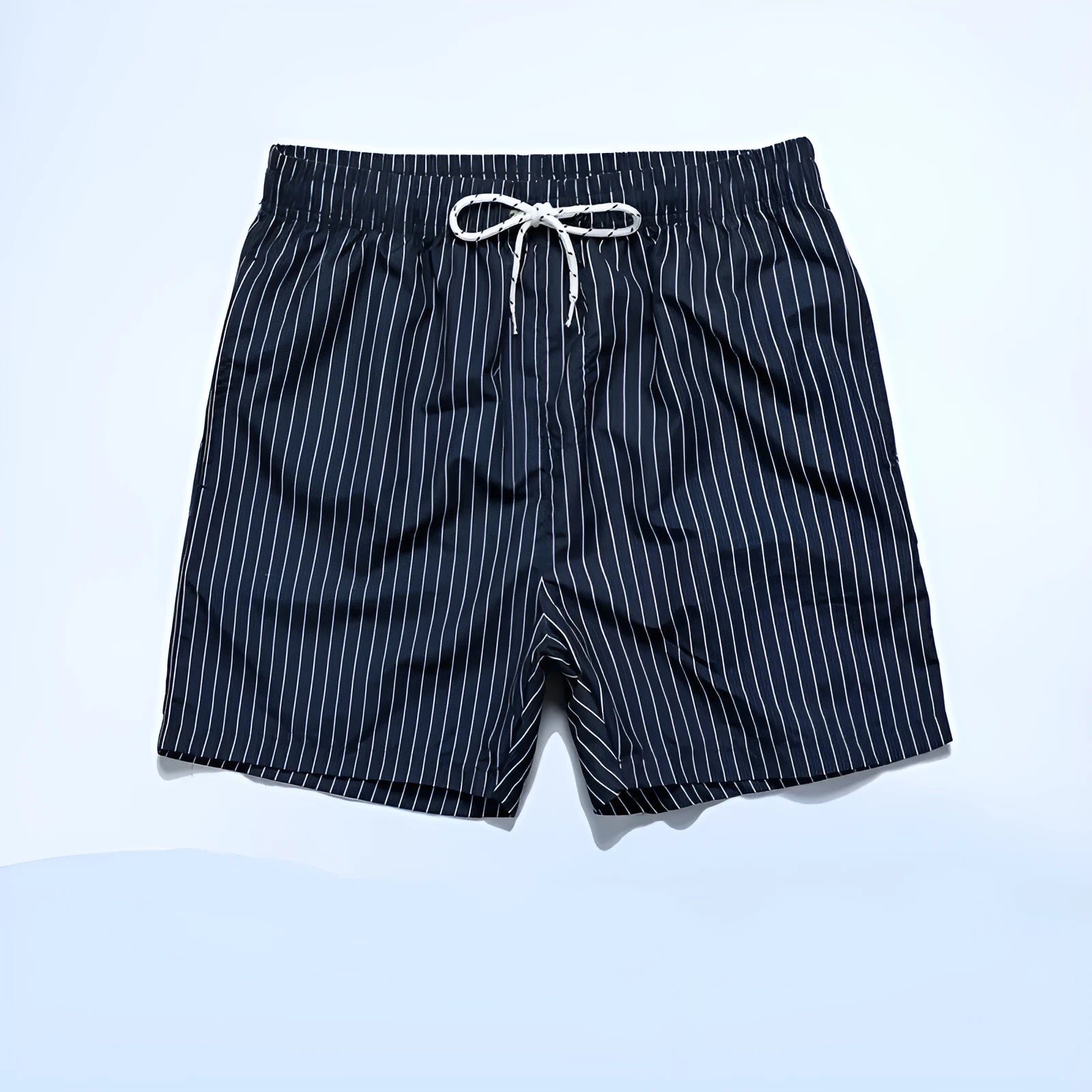 Men's navy blue and grey striped polyester beach shorts with straight leg opening.