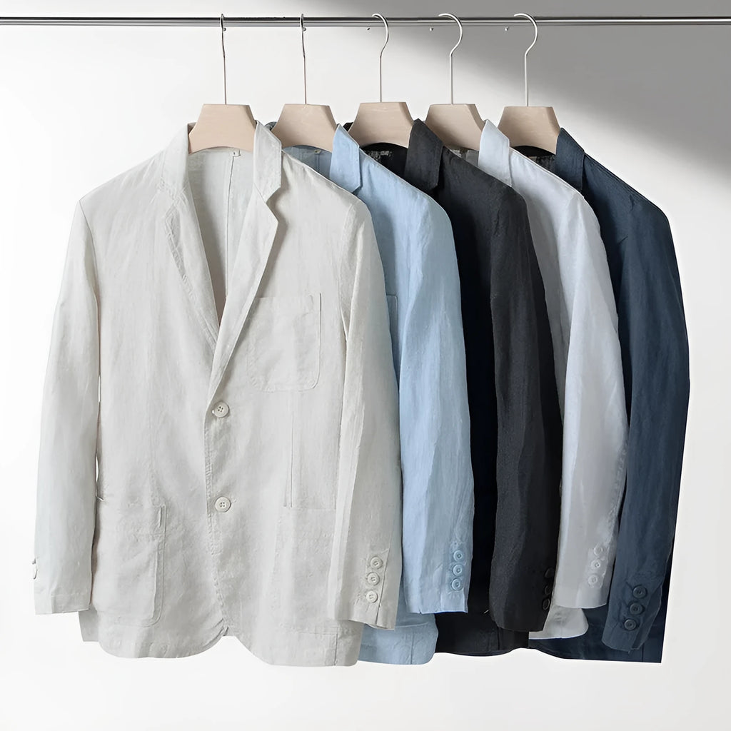Men's linen suit jacket in loose fit casual style showing solid colour design and long sleeves