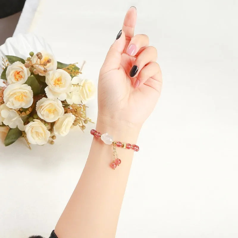 Strawberry quartz agate white rabbit bracelet with 6mm geometric beads for women's jewellery