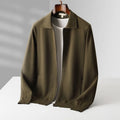 Men's pure wool thickened cardigan with turn-down collar in camel colour on a hanger