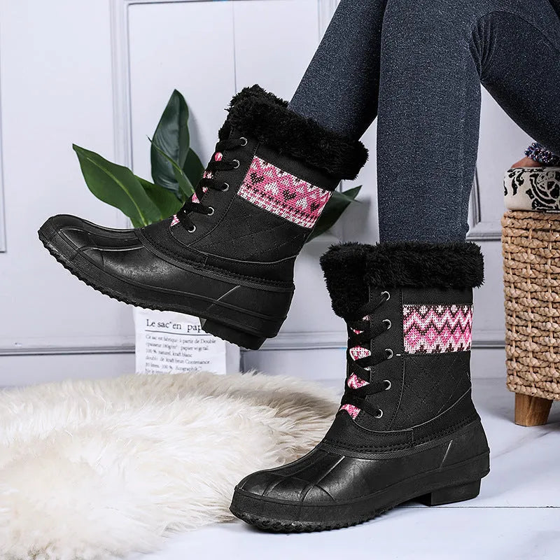 Women's winter high-top hiking shoes with velvet lining, non-slip rubber sole, in black colour block style