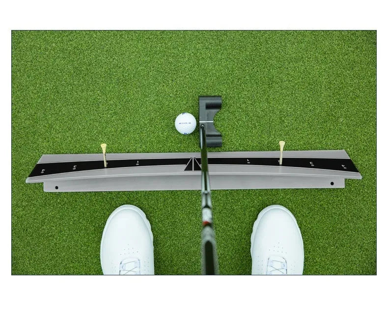 Adjustable golf putting swing balance trainer made from white PVC.