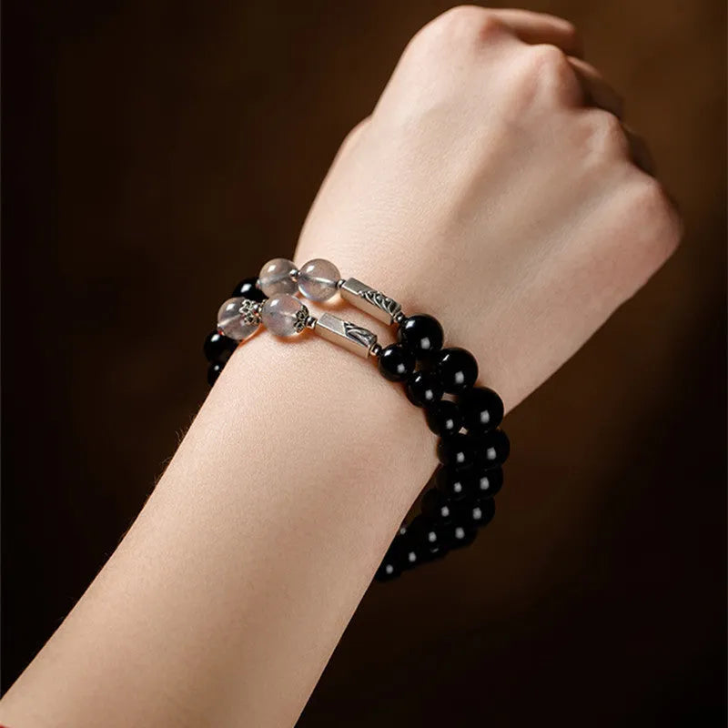 Black obsidian couple bracelet DIY kit with 8mm and 10mm beads in national style
