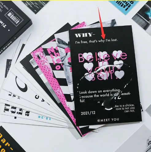 Two postcard designs showing the messages 'Time Not Arrived' and 'Warm Wind Not Exhausted' in a fresh style.