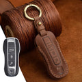 Authentic leather Porsche key cover with retro buckle in blue and brown colour options