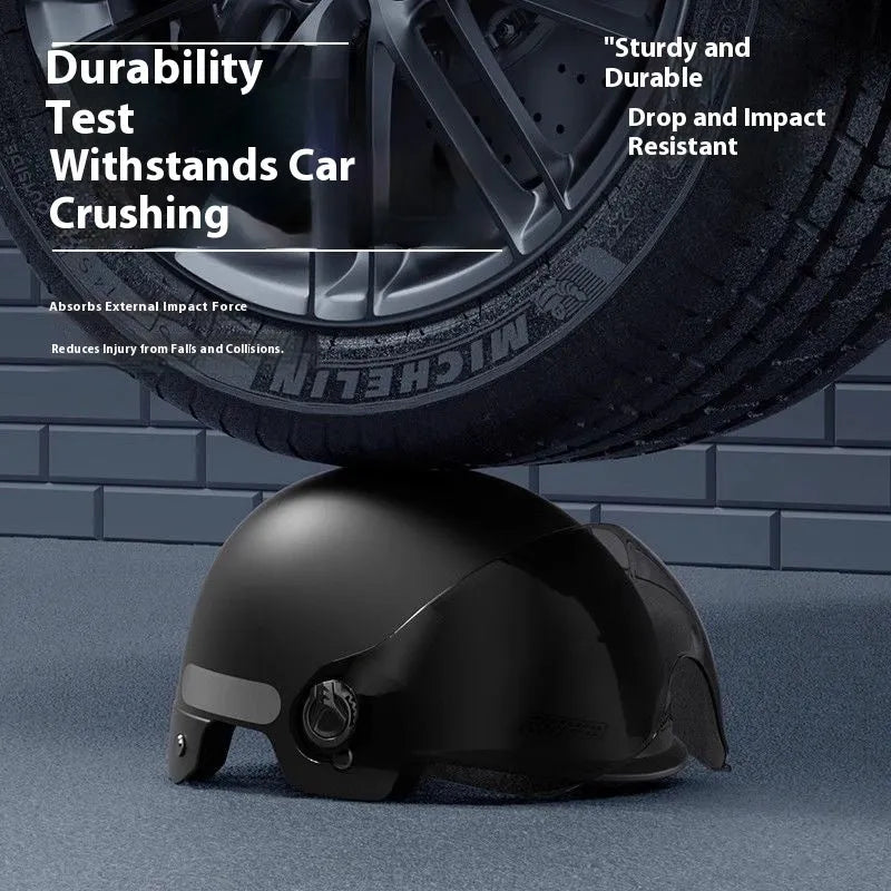 3C certified polypropylene motorcycle helmet for electric bikes with sun protection, shown in multiple colours.