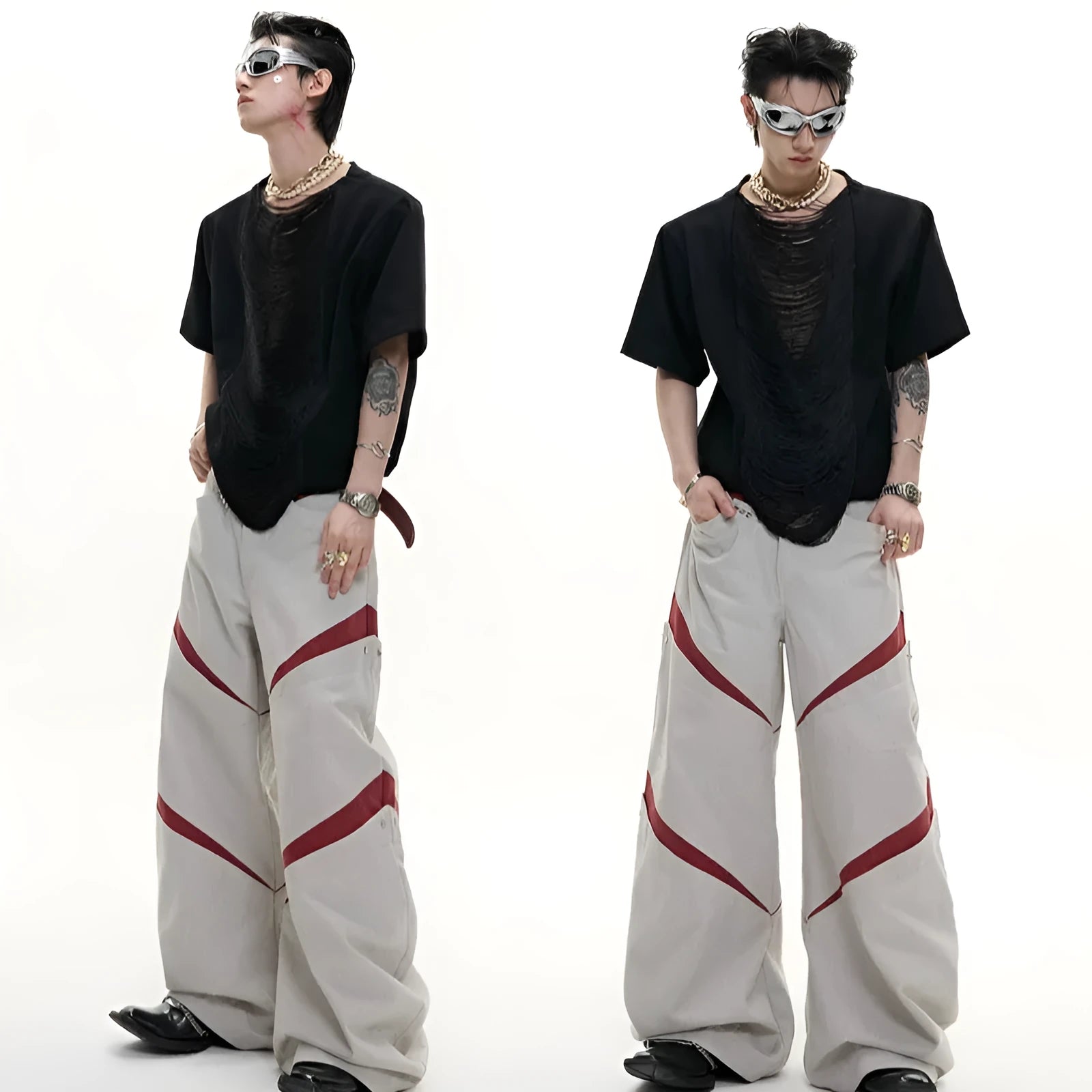 Men's black polyester V-neck t-shirt with hollow out pattern and loose fit