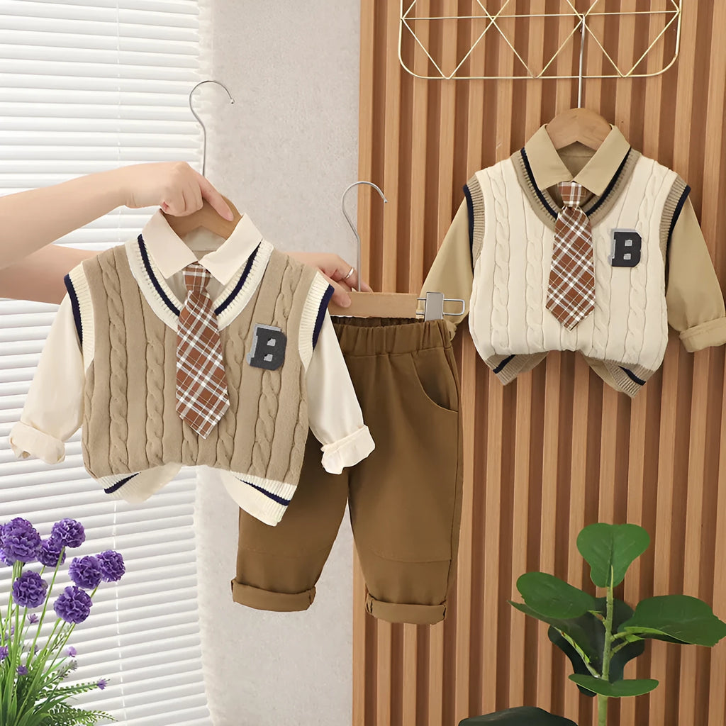 Boys autumn cotton three-piece suit set with vest tie in beige