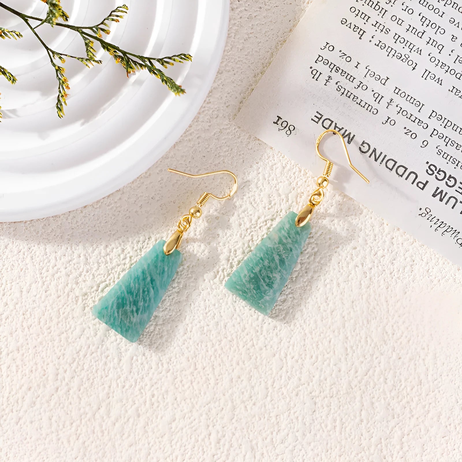 Amazonite trapezoid earrings with geometric design in gold or silver finish