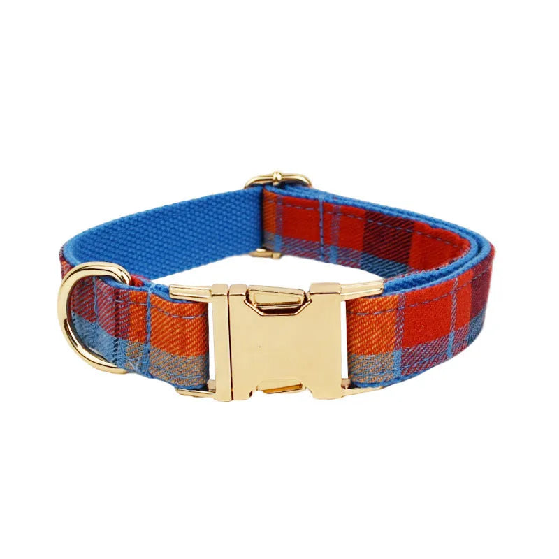 Blue velvet plaid cloth dog collar and leash set with optional bow accessory in XS to XL sizes