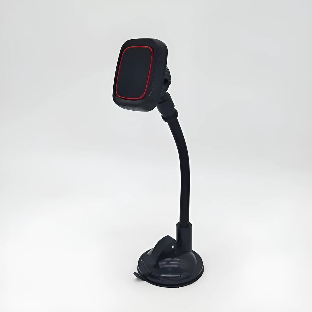 Black universal car phone holder mounted on dashboard air vent with flexible arm extended
