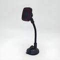 Black universal car phone holder mounted on dashboard air vent with flexible arm extended