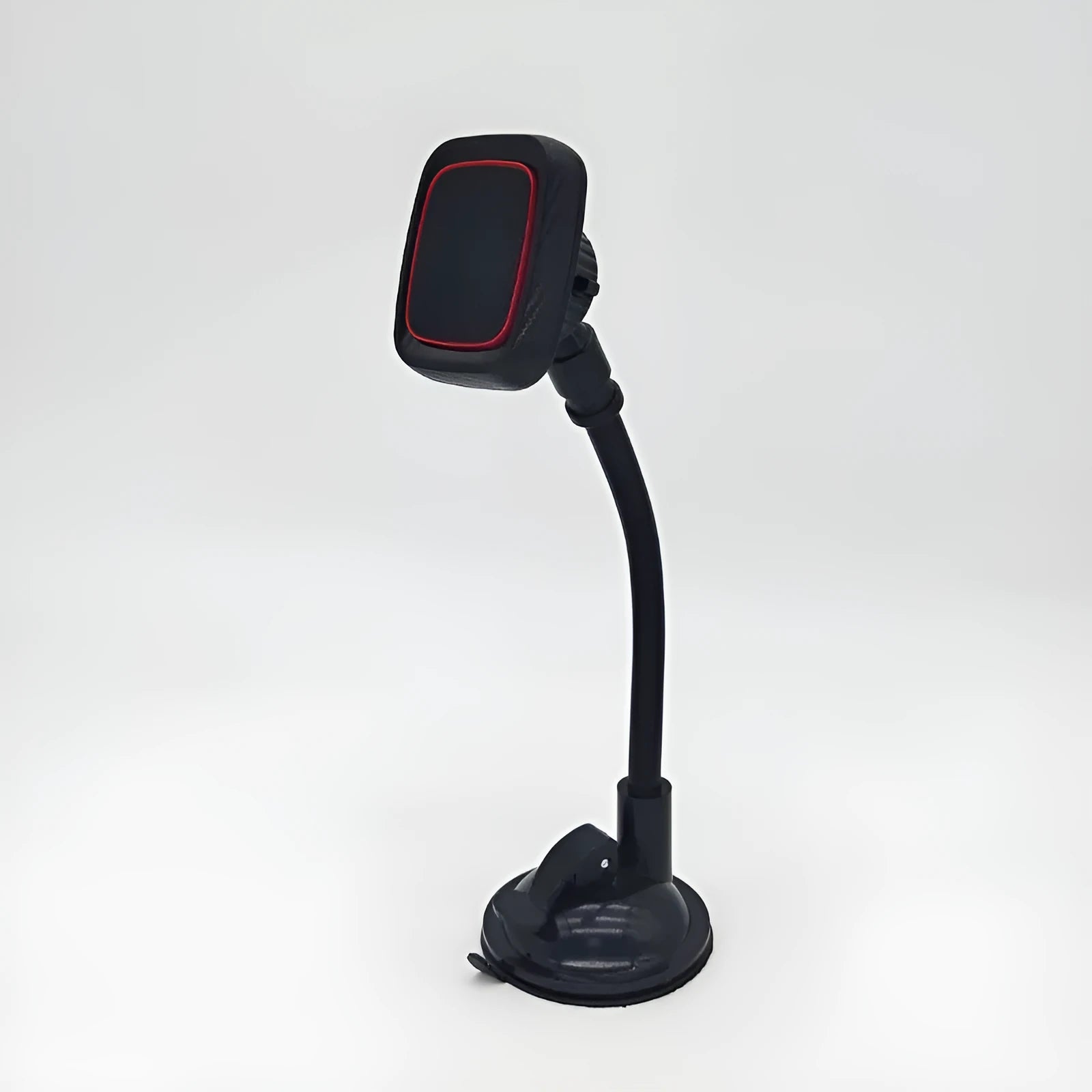 Black universal car phone holder mounted on dashboard air vent with flexible arm extended