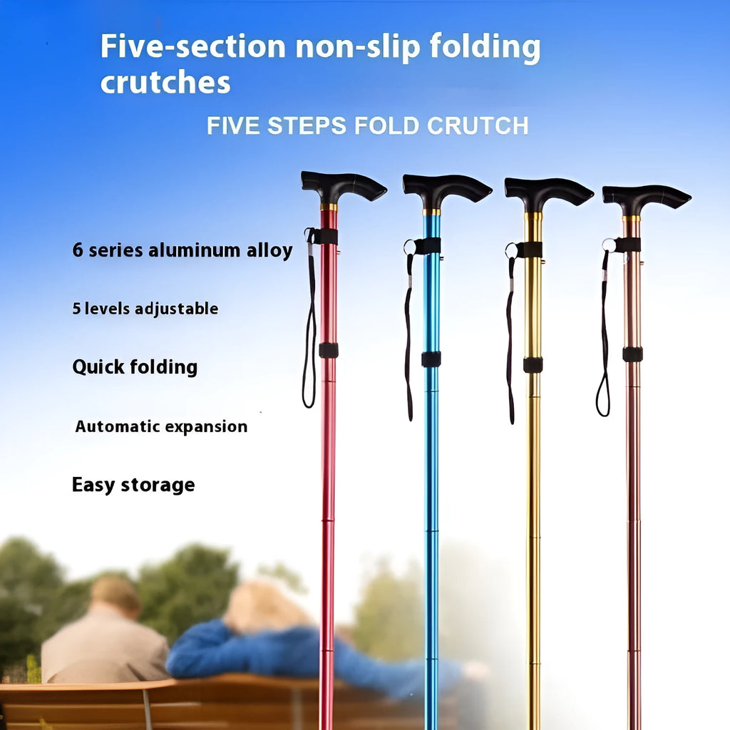 Aluminium folding walking stick extended to show adjustable height with rubber handle