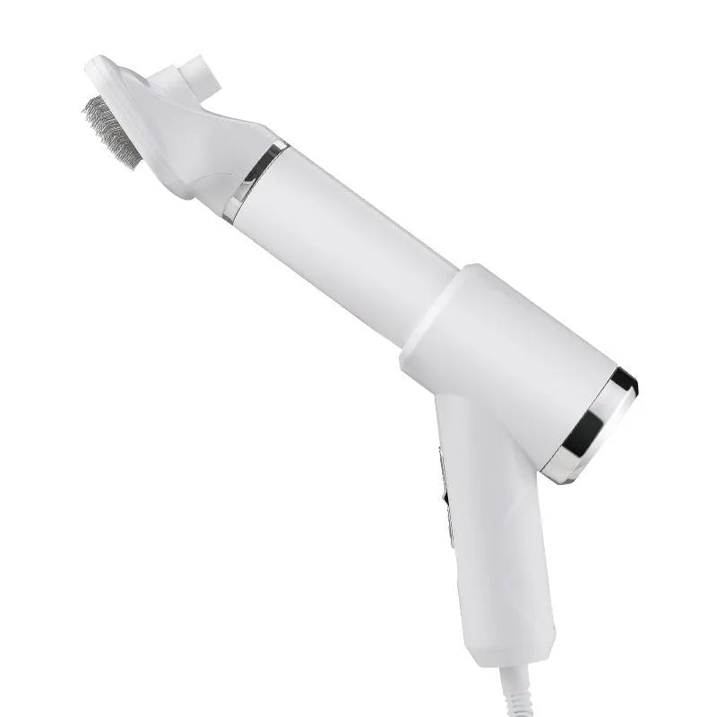 A beige and blue pet hair dryer comb grooming tool with UK plug on a white background.