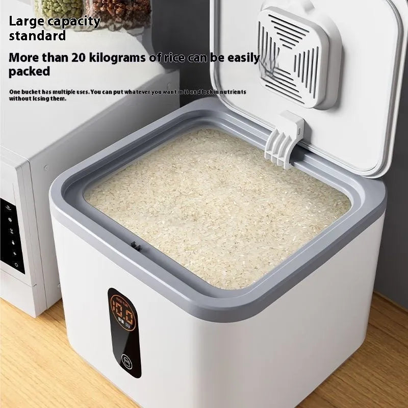 Grey plastic insect-proof and moisture-proof sealed rice storage container with a free measuring cup.