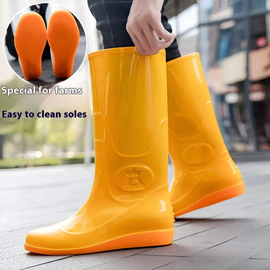 Men's white plastic rain boots with high tube waterproof design for outdoor labour protection