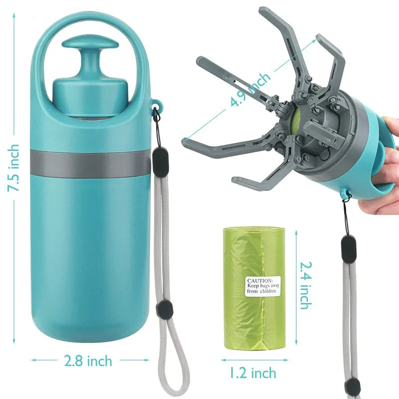 Blue plastic dog pooper scooper with claw mechanism and built-in bag dispenser