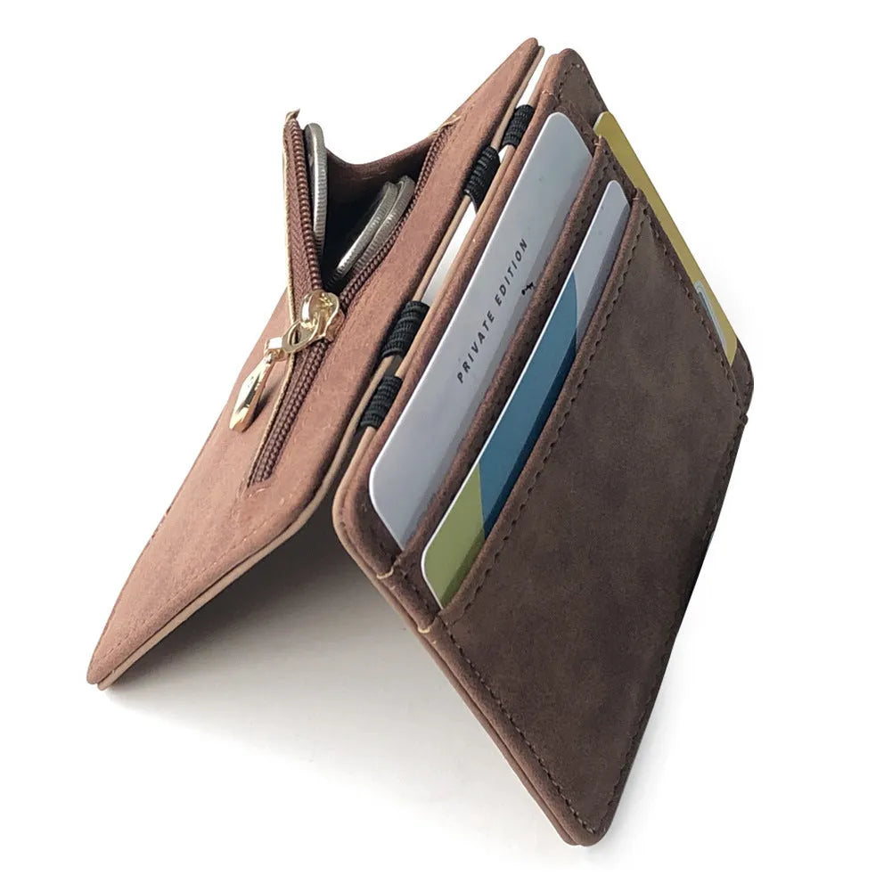 Korean style matte leather magic wallet in horizontal square shape, showing coin pocket and sewing line detail.