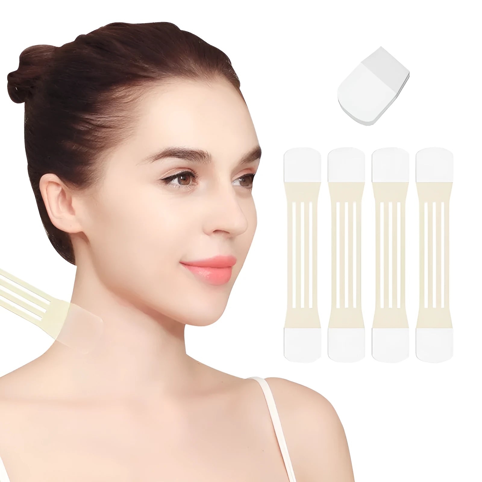 Skin tone neck firming adhesive tape strips and patches for invisible neck contour support