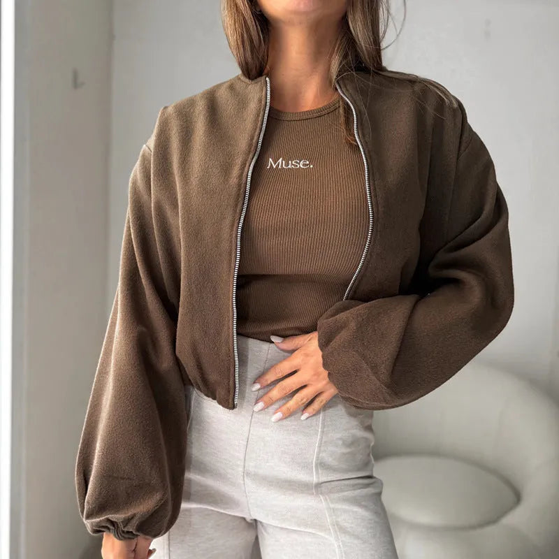 Women's off-shoulder short coat with lantern sleeves in brown polyester fabric