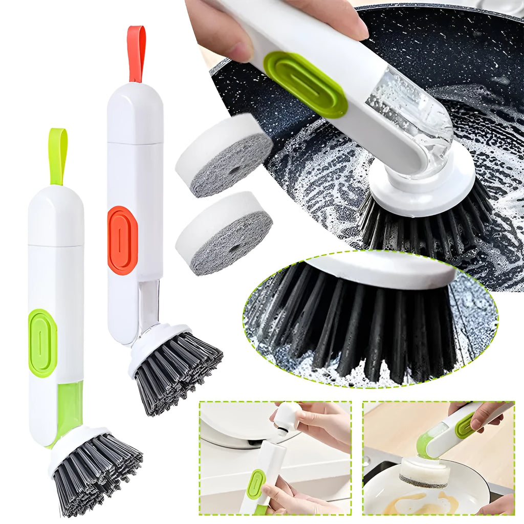 White and red long-handle kitchen brush with liquid dispenser and two brush heads