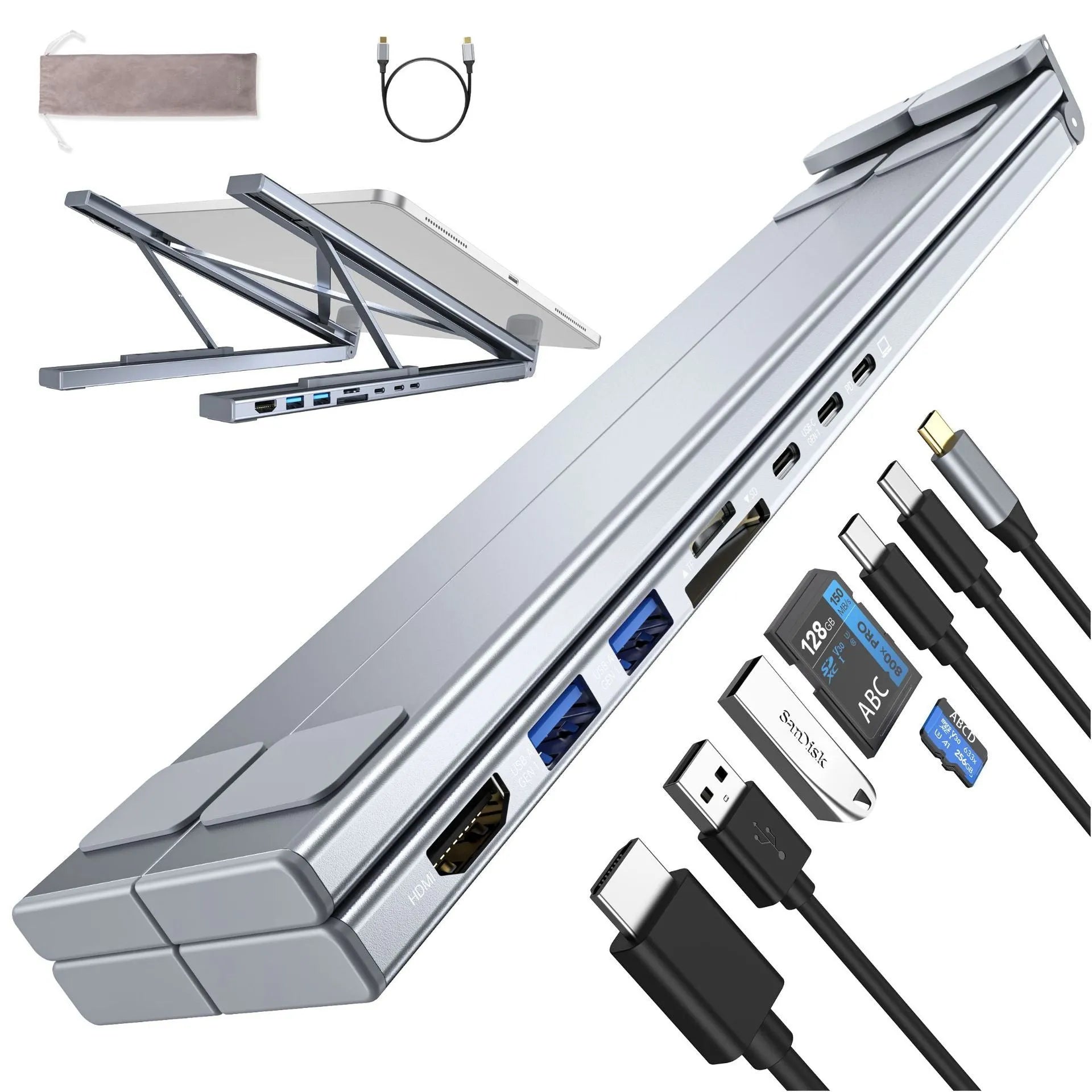 Aluminium folding laptop docking station showing 8-in-1 ports and raised stand.