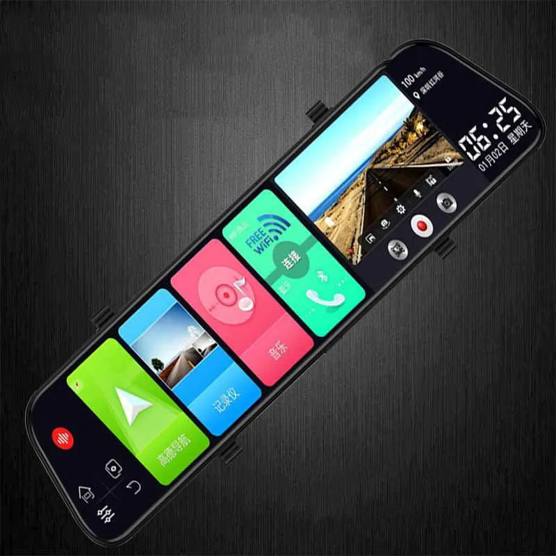 12-inch rearview mirror dash cam and tachograph with dual cameras mounted in a car.