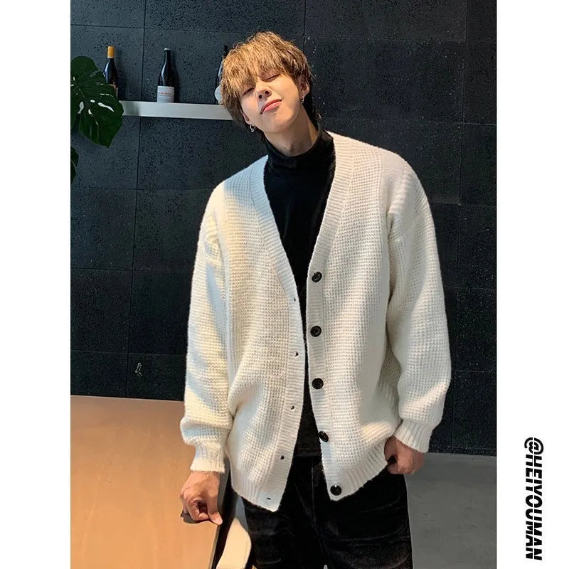 Men's loose-fit V-neck cardigan sweater in cotton blend fabric, solid colour option