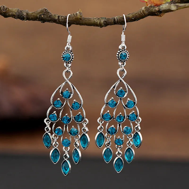 Purple retro crystal long fringe drop earrings with alloy ethnic style design
