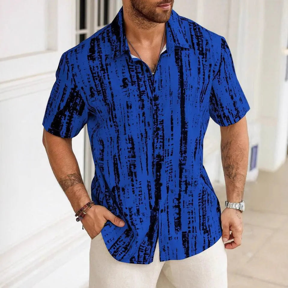 Men's casual short sleeve shirt with 3D printed stripes in anti-wrinkle polyester fabric