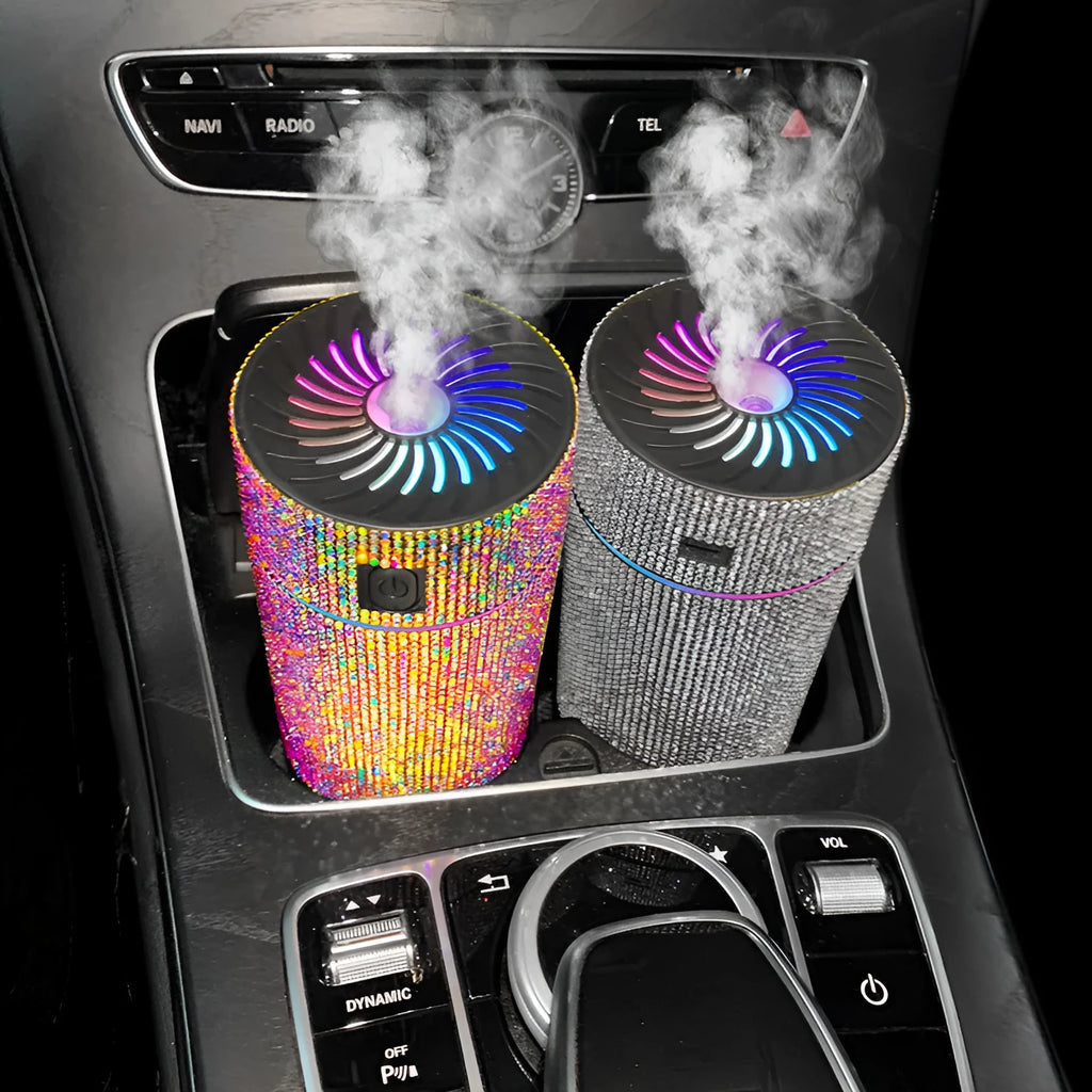 USB car air humidifier unit in multiple colour diamond finishes measuring 14cm by 7.5cm