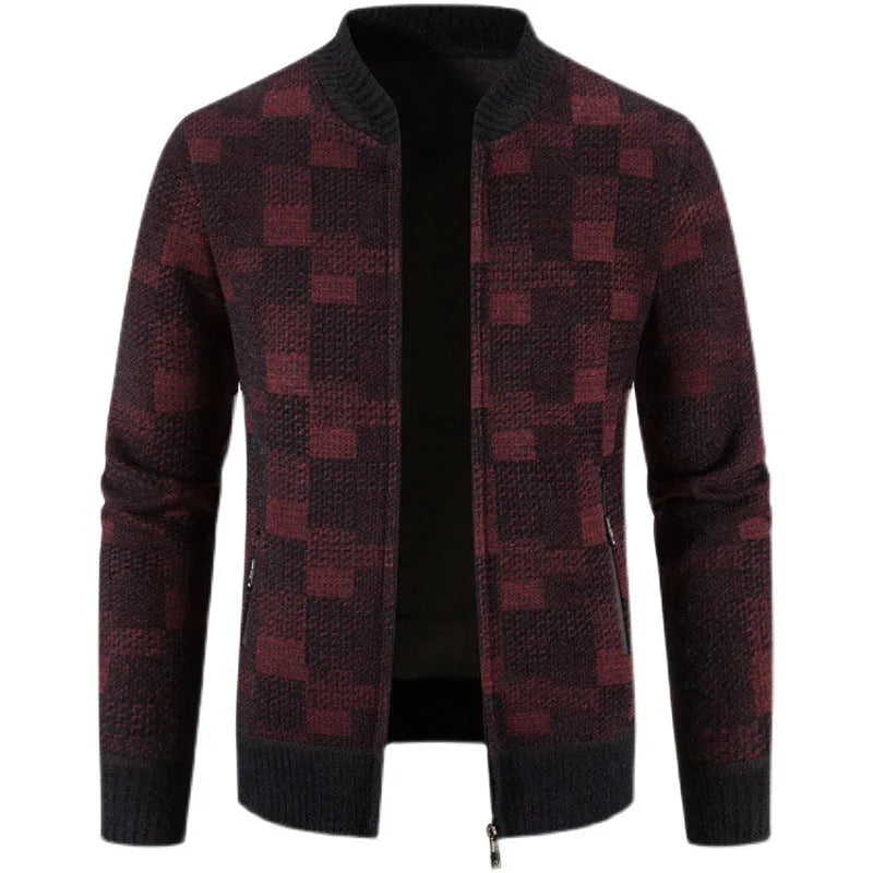 Men's fleece-lined thickened baseball collar plaid knitted cardigan in slim fit, available in brown, navy blue, dark gray, and burgundy.