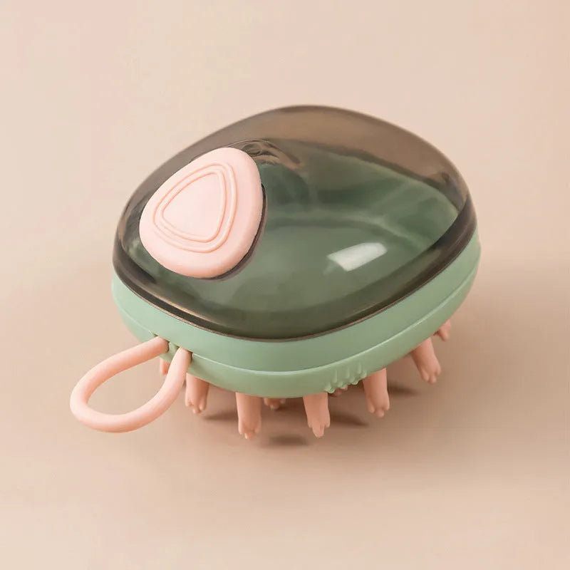 Blue and green pet grooming brush with shampoo dispenser and silicone massage bristles for dogs and cats